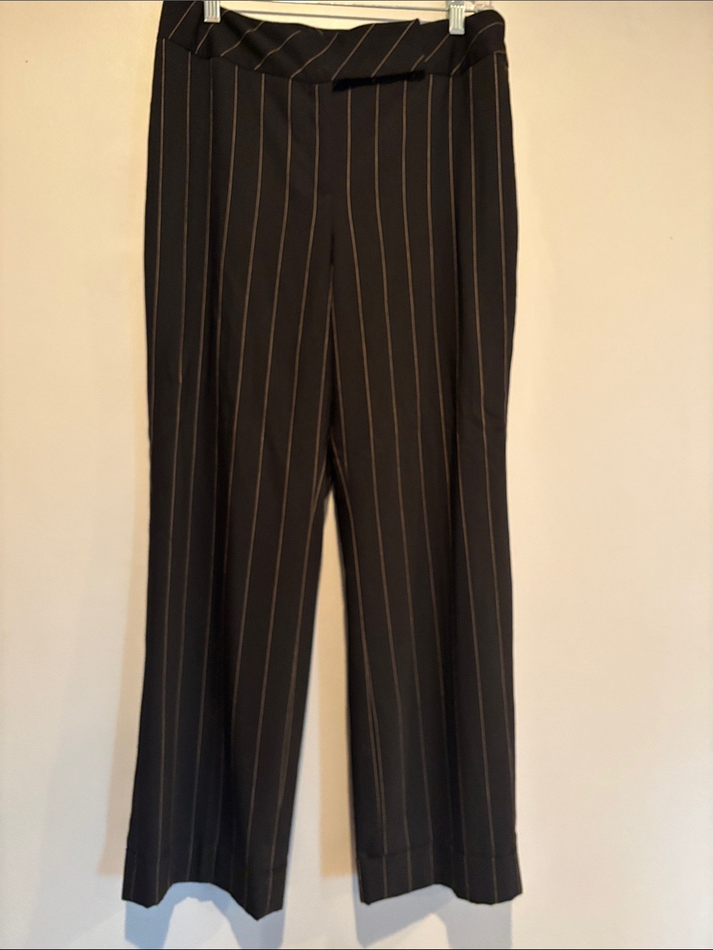 LOFT Black Wide-Leg Trousers with Cream Pinstripes